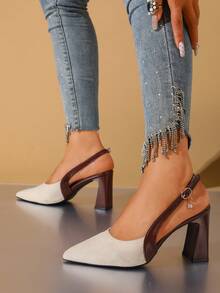 Color Block Pointed Toe Chunky Heel Sandals For Women, Strap Design, Elegant Commuting & Dating Versatile Slim High Heels - Off White - View 5