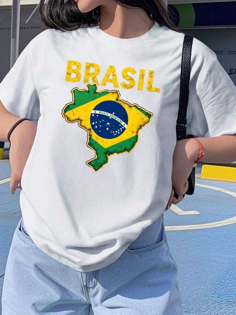 Women's Crew Neck T-Shirt With Brazil Flag And Map Design, 100% Cotton, Graphic Tees For Everyday Wear, Versatile Casual Tops, Streetwear, Back To School Outfits, School T-Shirts - 白色 - 查看 1