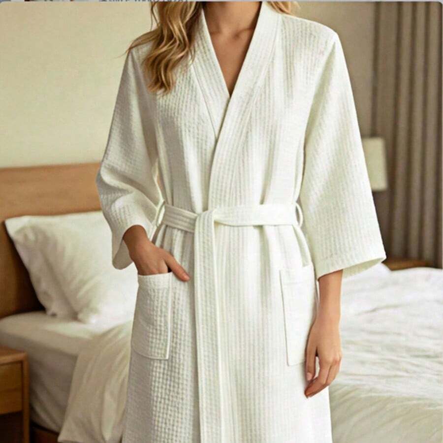 1件女士纯棉浴袍 - 舒适华夫格针织和服式浴袍，柔软吸水，适合居家、SPA、酒店休闲、情人节礼物