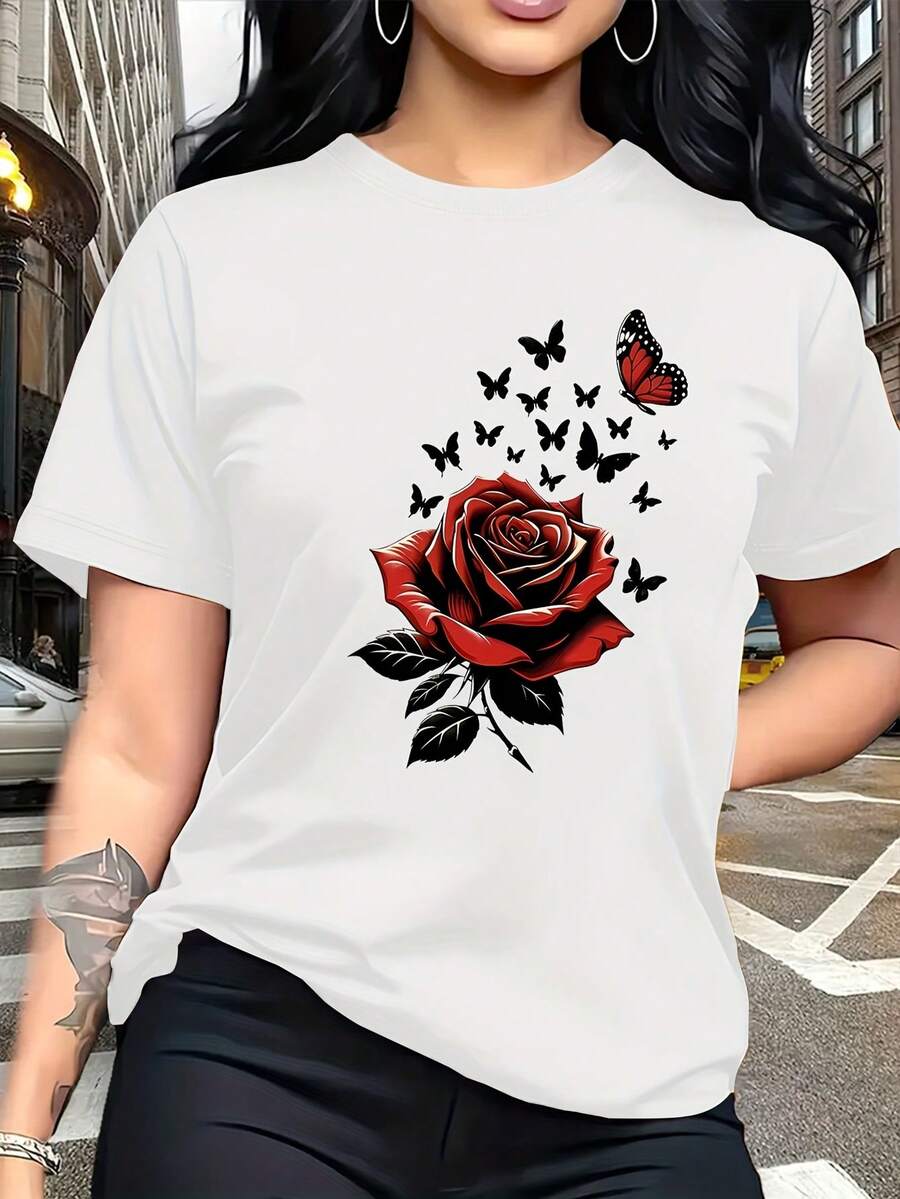 Una camiseta de manga corta para mujer, moderna y a la moda, con un diseño fácil de cuello redondo, adornada con una estampada de rosas que simbolizan el amor y la belleza, junto con mariposas que representan la transformación y la libertad, perfecta para salidas informales, viajes.