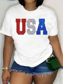 Camiseta de USA para Mujer con Brillo, Camiseta Patriótica para el 4 de Julio - Blanco - Ver 1