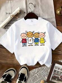 1 Women's Short Sleeve Crew Neck T-Shirt, Polyester Woven, Casual Style, Suitable For All Seasons, With A Cute Little Girl Cartoon Print. Women's Warm Clothing - 白色 - 查看 7