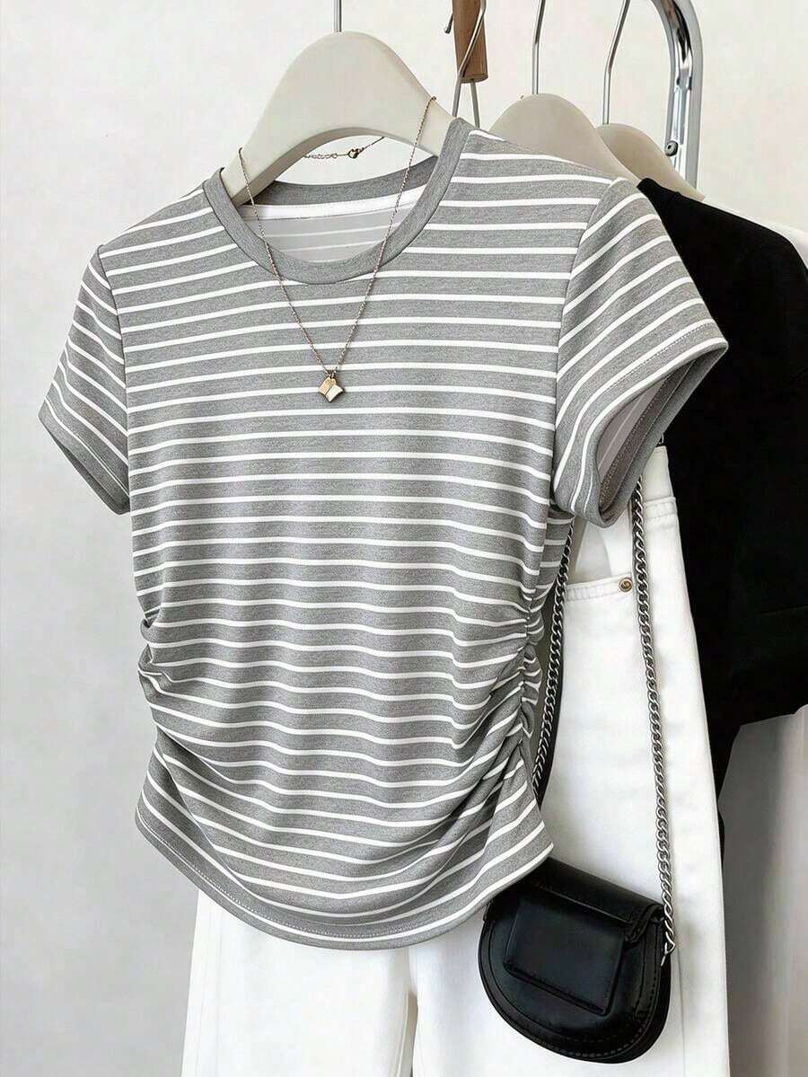Camiseta casual de mujer con estampado digital a rayas y cordón en la cintura, un gran regalo para amigos - Multicolor 3 - Ver 1