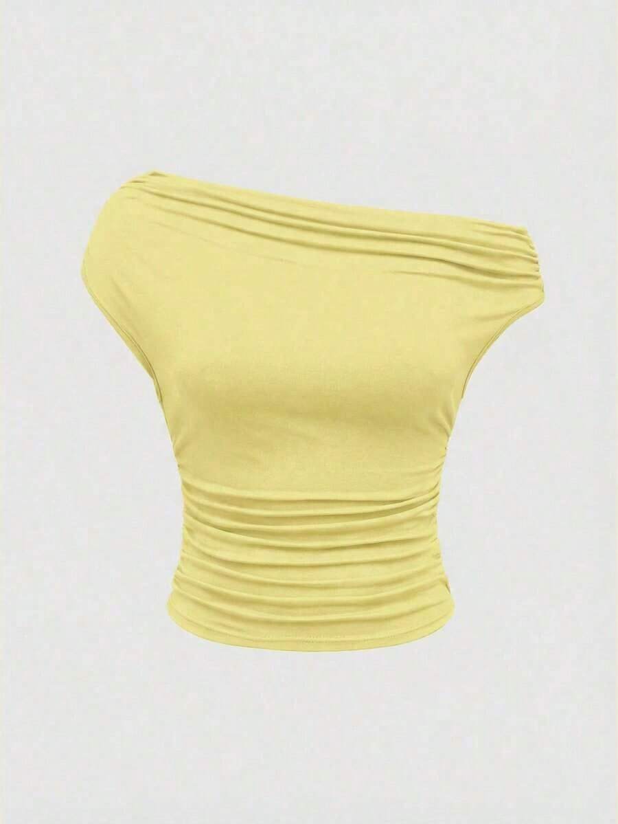 Grunge Punk Camiseta de mujer con hombros ajustados y fruncidos, estilo retro del milenio Shibuya Girl Y2K - Amarillo - Ver 1