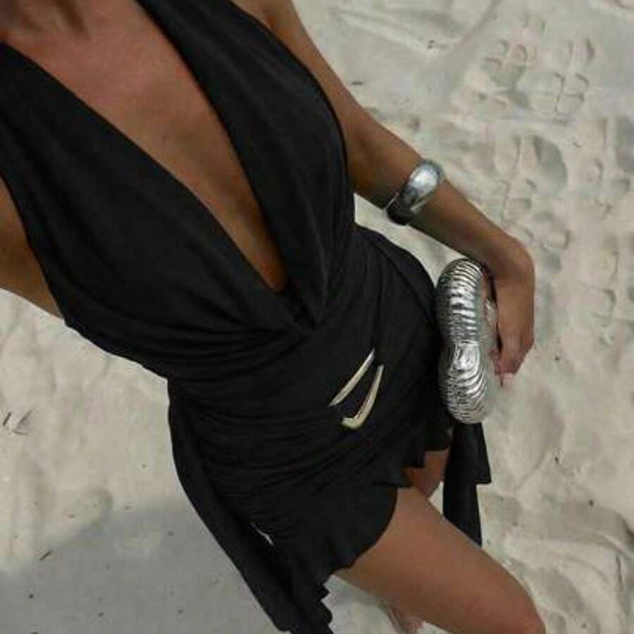 Spring/Summer New Sexy Party Music Festival Wedding Season Beach Vacation Wedding Season Green Mesh Deep Draped Neck Backless Fitted Asymmetrical Ruffle Hem Mini Dress, St. Patrick's Day Dress, Boho Music Festival Dress Green Clothes Women's Beach Outfits Bikini Cover Ups Dress Bathing Suit And Cover Up Beach Outfit For Women Dress Vacation Outfits Woman Dress, Women's Sexy Green Halter Sleeveless Mini Bodycon Dress With Asymmetrical Hem And Tie Back Detail - Negro - Ver 1