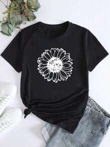 Camiseta holgada para mujer con estampado de girasoles, transpirable y que no provoca sudoración, suave y lisa, con una sensación de calidad, adecuada para deportes y fitness, uso diario, vacaciones, oficina, escuela, fiestas y diversas otras ocasiones. - Negro - Ver 6