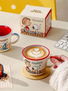 Peanuts Snoopy & Charlie Brown Ceramic Mug, 340ml Cute Cartoon Coffee Cup, Red/Blue Rim, Microwave - Multicolor - View 3
