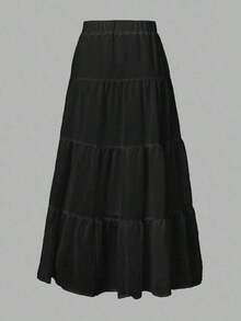 Falda de gasa de estilo princesa con múltiples capas y arrugas, falda tipo pastel de varias capas, adecuada para vacaciones de verano, estilo femenino y lindo - Negro - Ver 2