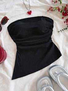 Blusa ajustada con diseño arrugado, abertura lateral y bajo asimétrico en textura azul para vacaciones de mujer - Negro - Ver 7