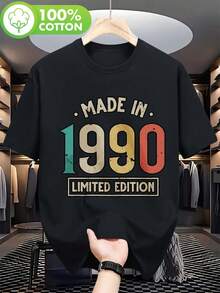 Vintage Homme Édition Limitée 1990 T-Shirt "MADE IN 1990", Col Rond Coupe Décontractée Lavable, 100% Coton Top - Noir - Voir 1