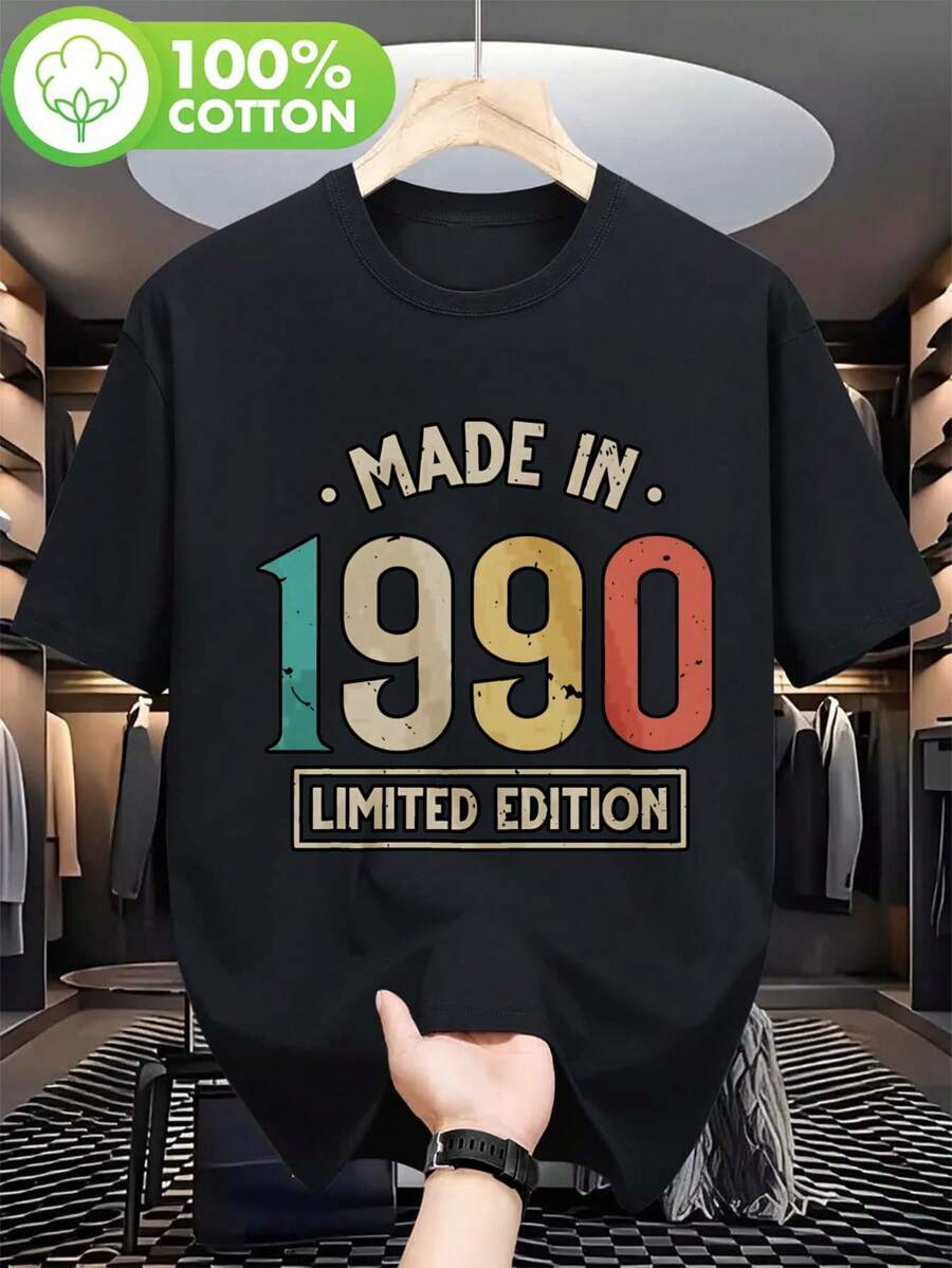 Vintage Homme Édition Limitée 1990 T-Shirt "MADE IN 1990", Col Rond Coupe Décontractée Lavable, 100% Coton Top - Noir - Voir 1
