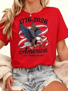 Women's Casual T-Shirt | United States Of America 250th Anniversary Eagle And Flag Print 1776-2026 Independence Day Celebration Party Wear, Crew Neck, Regular Sleeves, Slightly Stretchy Fabric, Breathable Summer - 紅色 - 查看 8