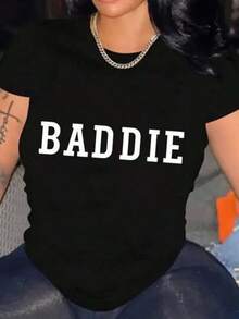 Women's T-Shirts? (Only Available For The Short-Sleeved T-Shirt Shown In The Image) Women's "Baddie" Graphic T-Shirt, Short-Sleeved, For Outdoor Activities And Casual Wear. Crew Neck, Slim Fit,  Style, With Exquisite Print. - 黑色 - 查看 6