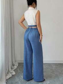 Conjunto de blazer corto sin mangas de color contrastante y pantalones rectos elegantes de estilo de oficina para mujer, atuendo profesional de oficina, vestimenta de maestra, ropa para ir y venir y uso casual - Azul - Ver 2