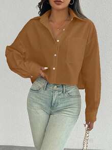 Camisa casual de manga larga con bolsillo, de ajuste suelto y hombros caídos, de unicolor, para primavera/verano, Top de manga larga - Marrón - Ver 1