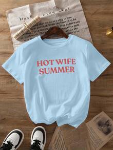 Hot Wife Summer Slogan Print T-Shirt, Summer Vacation Themed Short Sleeve Vacation Outfits Women Beach Outfits For Woman Women's Swimwear Beach Top - 淺藍色 - 查看 5