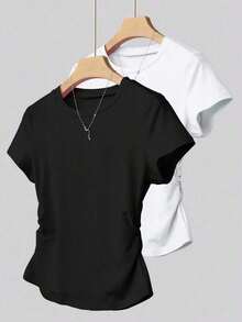 Set de 2 blusas de verano para mujer, camisetas con cintura ceñida, diseño de unicolor, burdeos y negro clásicos, de alta gama, para estudiantes, uso casual diario, adecuado para salir, ir de compras, usar en la oficina - Multicolor 6 - Ver 7