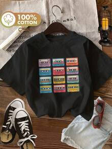 Women's Vintage Cassette Tape Graphic T-Shirt - 100% Cotton, Short Sleeve, Crew Neck, Relaxed Fit With Retro Musical Design, Breathable Spring/Summer Tee, Casual Shirts For Ladies, Non-See-Through Fabric, Streetwear Style - 黑色 - 查看 1