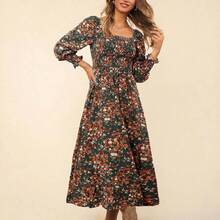 Floral Print Square Neck Flounce Sleeve Ruffle Hem Dress - Verde - Ver 7