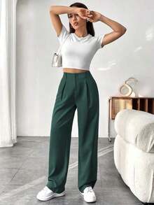 Pantalones De Corte Relajado Con Pierna Recta Plisada De Color Liso Para Mujer - Verde - Ver 3
