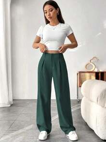 Pantalones De Corte Relajado Con Pierna Recta Plisada De Color Liso Para Mujer - Verde - Ver 4