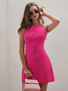 Vestido mini de unicolor para mujer, de moda para el verano - Rosa Fucsia - Ver 1