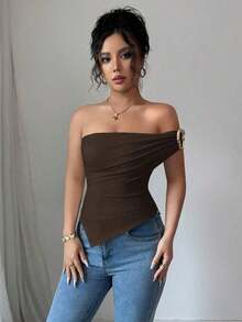 Blusa de verano para mujer con hombros decorados con botones y bajo asimétrico elegante - Café integral - Ver 3