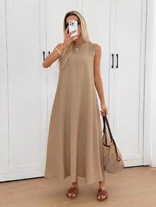 Vestido midi holgado sin mangas con espalda plisada, bajo irregular, silueta en A, tela de crepé texturizada, uso casual, relajado y elegante para la oficina/vacaciones para mujeres, primavera/verano - Caqui - Ver 6