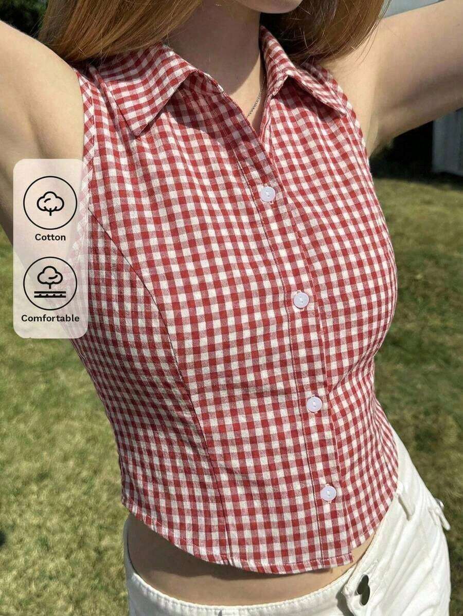 Camisa sin mangas de mujer de rayas tejida, azul - Rojo - Ver 1