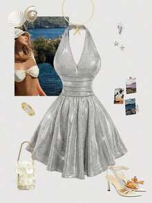 Vestido de fiesta elegante de mujer con estampado de cerezas, escote halter, espalda descubierta y cintura fruncida - Plateado - Ver 2