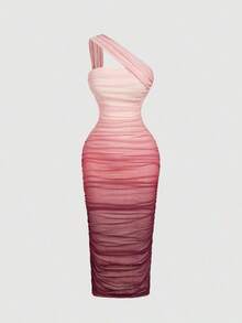 Vestido de malla de longitud media con un hombro, fruncido y efecto ombré - Multicolor 5 - Ver 5