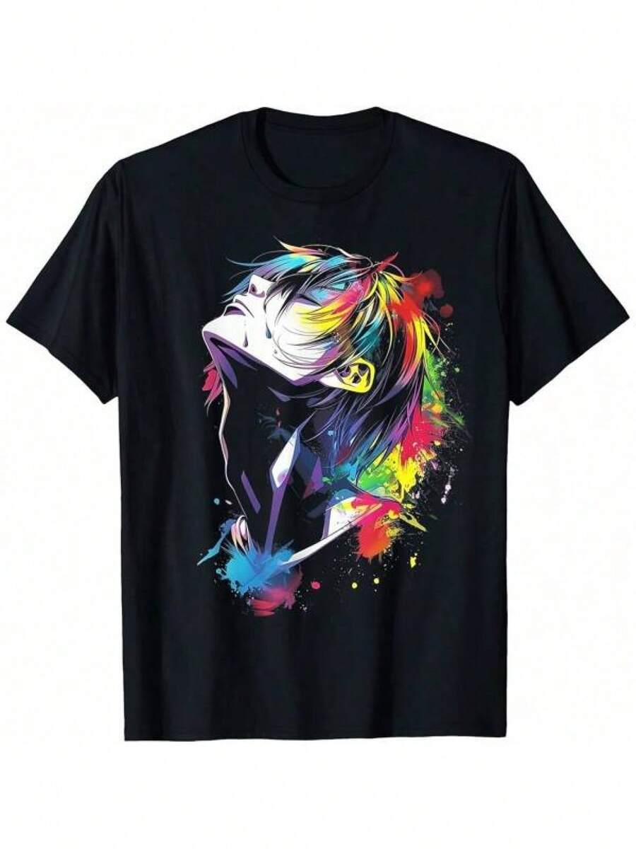 Camisetas de algodón con diseños artísticos coloridos de anime, que presentan patrones de dibujos animados y diseños gráficos (3 estilos). - Negro - Ver 1