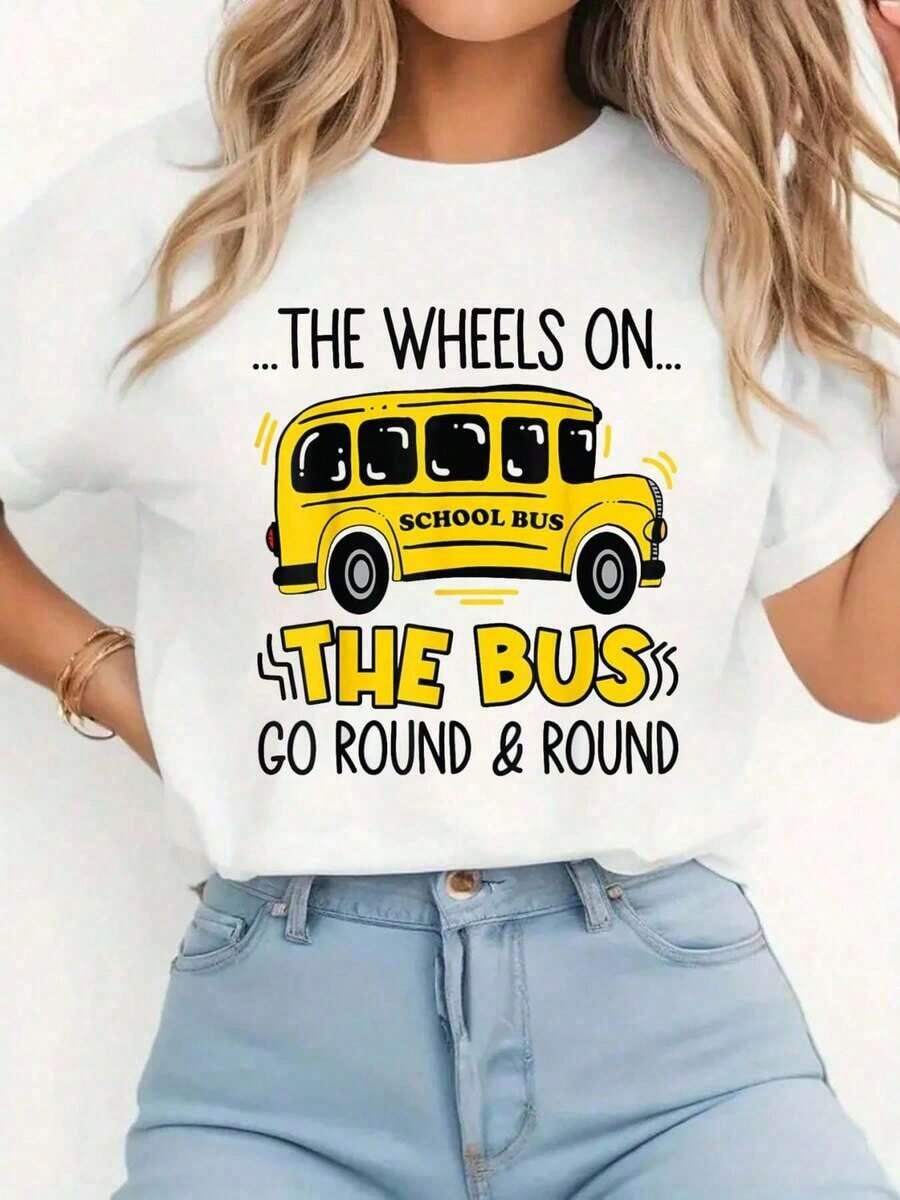 100% cotton Camiseta con estampado "Las ruedas del autobús" para niños pequeños, regreso a clases, camiseta casual de cuello redondo, manga corta, cómoda, para primavera y verano, ropa de mujer. - Blanco - Ver 1