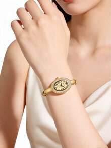 GUANQIN Relógio feminino vintage de luxo, tamanho pequeno, dourado, com mostrador oval cravejado de strass. Design minimalista, elegante e à prova d'água, em aço inoxidável com mecanismo de quartzo. Ideal para uso diário, aniversários, Halloween, Natal, Dia das Mães, volta às aulas, aniversários de estudantes, feriados, Dia dos Namorados, encontros, ocasiões profissionais, festivais de música e casamentos. - Ouro - Ver 5