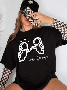 1 Pieza 180g Camisetas Para Mujer Camiseta Hombre, camiseta informal de algodón con cuello redondo.Camiseta deportiva para mujer.Diseñadas por artistas de la generación Y2K al estilo Bababask, confeccionadas en 100% algodón puro.Diseño de patrón de dibujos animados creativos, cómoda manga corta - Negro 2 - Ver 6