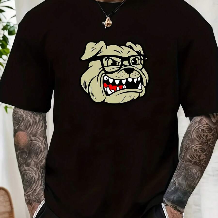 Camiseta corta informal de verano con estampado de Bulldog masculino y cuello redondo - forma - Ver 1