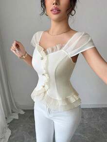 Blusa elegante de manga corta con diseño de botones y volantes en unicolor para mujer - Albaricoque - Ver 3
