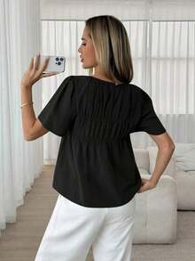 Camisa casual de mujer de unicolor, cuello redondo, manga corta y plisada - Negro - Ver 2