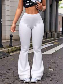 Pantalones acampanados de cintura alta de unicolor talla grande para mujer, leggings deportivos de yoga, pantalones de correr y fitness de primavera en color negro - Blanco - Ver 4
