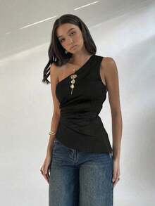 Blusa de moda sin mangas para mujer con cuello oblicuo y fruncido lateral para el trabajo - Gris Oscuro - Ver 6