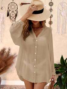 Holidaya Kimono unicolor con botón delantero - Caqui - Ver 7
