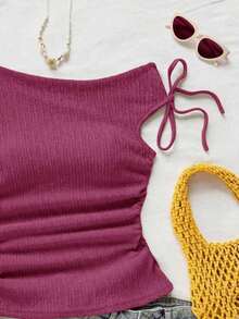 Blusa de punto con textura de burbujas de color albaricoque, cuello asimétrico con lazo en la cintura, ajuste ceñido, adecuada para fiesta, cita, paseo por la ciudad, viaje por carretera, playa de verano - Rosa Fucsia - Ver 6