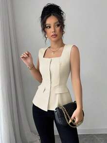 Blusa elegante de mujer con cuello cuadrado sin mangas, decoración con bolsillo falso, camisa ajustada de oficina, primavera/verano - amarillo ganso - Ver 5