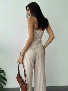 Nuevo conjunto de primavera/verano, elegante atuendo de vacaciones, blusa de lino asimétrico con cintura fruncida y espalda descubierta en color albaricoque y pantalones largos de cintura alta de 2 piezas de traje de lino - Albaricoque 2 - Ver 11