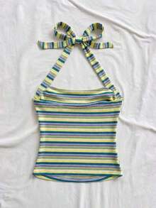 Parte superior corta ajustada con cuello de halter casual para vacaciones de mujer, verano de mujer, sin espalda, ropa de vacaciones de mujer, lunares, primavera de mujer, verano, parte superior para salir de mujer, vacaciones de mujer - Amarillo - Ver 2