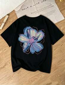 Set Of Short-Sleeved T-Shirts. Single Garment, Not A 3-Piece Set. 1 Piece/Set Of Short-Sleeved T-Shirts Suitable For Streetwear. Oversized Round Neck Top For Daily Outings, Camping, Concerts, Hip-Hop, Rock, And Rap Events. Short-Sleeved T-Shirt With Round Neck And Minimalist And Modern Floral Print. Versatile For Everyday And Casual Wear For Women. - 黑色 - 查看 2