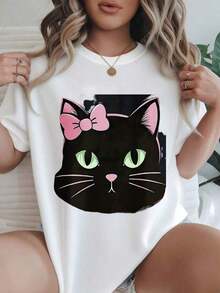 Women's Casual T-Shirt With Vintage Black Cat Print, Pink Bow, And Green Eyes, Suitable For All Seasons

BlackFashion - 白色 - 查看 7
