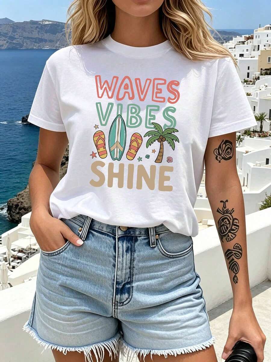 Camiseta de playa tropical para mujer 'Waves Vibes hine' - Top de manga corta y cuello redondo compatible con blusa, con elasticidad media, adecuada para verano, primavera, atuendos casuales, fiestas musicales y vacaciones en la playa, lavable a máquina, no es camisetaRopa diaria para chicas dulces o estudiantes ,Ropa fresca y sin sudor en verano,Traje de fiesta elegante,T-shirt para damas elegantes,Blusas adecuadas para mujeres con curva,