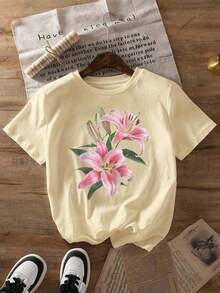 Summer T-Shirt With Lily Graphic Print, Short Sleeve, Round Neck, Casual Top For Women For Summer And Spring, Women's Clothing, Short Sleeve Cotton Casual T-Shirt For Summer Vacation - 杏色 - 查看 3