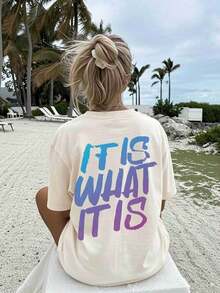 Gift Women's Blouses [Double-Sided Print] Women's Summer Casual Loose Fit Top With Gradient Graffiti Lettering 'IT IS WHAT' Print, Round Neck, Short Sleeve, Drop Shoulder, Oversized T-Shirt [1] Gym Y2k Round Neck 100% Cotton Soft Fabric Short Sleeve - 杏 - 查看 4